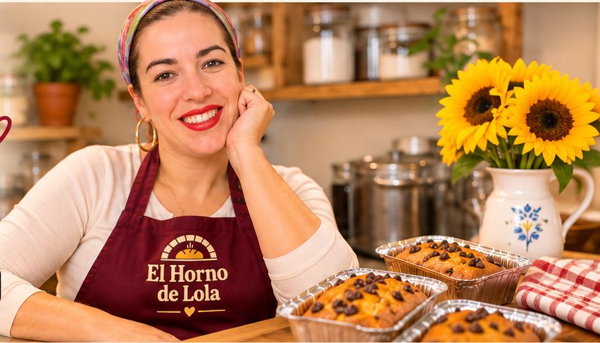 Retrato promocional ilustrativo de Carla en una cocina cálida con sus panes